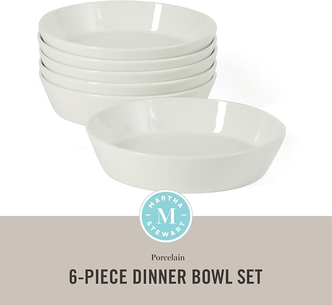 Martha Stewart Selma Pasta Bowls Set of 6, 43oz White Porcelain Soup Bowls & Salad Bowl, Wide and Shallow, Chip Resistant, Dishwasher & Microwave Safe