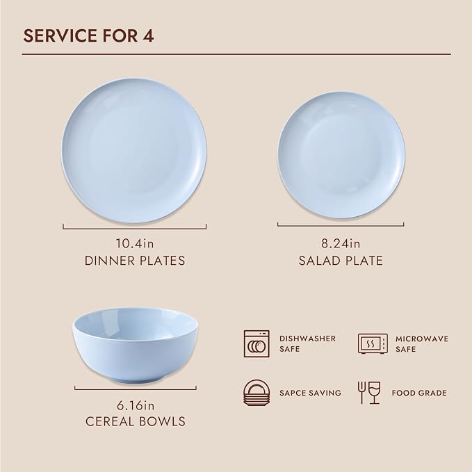 24-Piece Bone China Dinnerware Set for 8, Misty Blue | Lightweight Porcelain | Round Plates & Bowls | Scratch Resistant | Durable Ceramic | Microwave & Dishwasher Safe