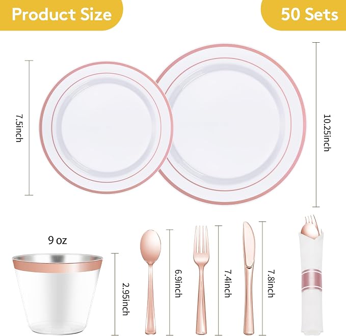 350 Piece Rose Gold Plastic Dinnerware Set for 50 Guests | Disposable Dinnerware Includes: 50 Dinner Plates, 50 Dessert Plates, 50 Pre Rolled Napkins with Silverware, 50 Cups