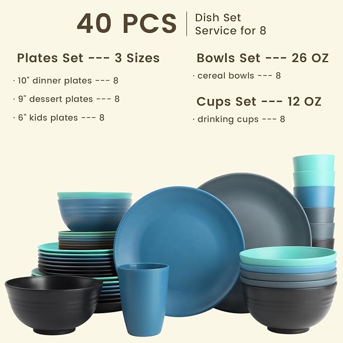 40 PCS Premium Wheat Straw Dinnerware Sets, Reusable Unbreakable Plates and Bowls Set, Cups Sets, Service for 8, Microwave and Dishwasher Safe Dishes Set for Party, Outdoor (Nightscape)