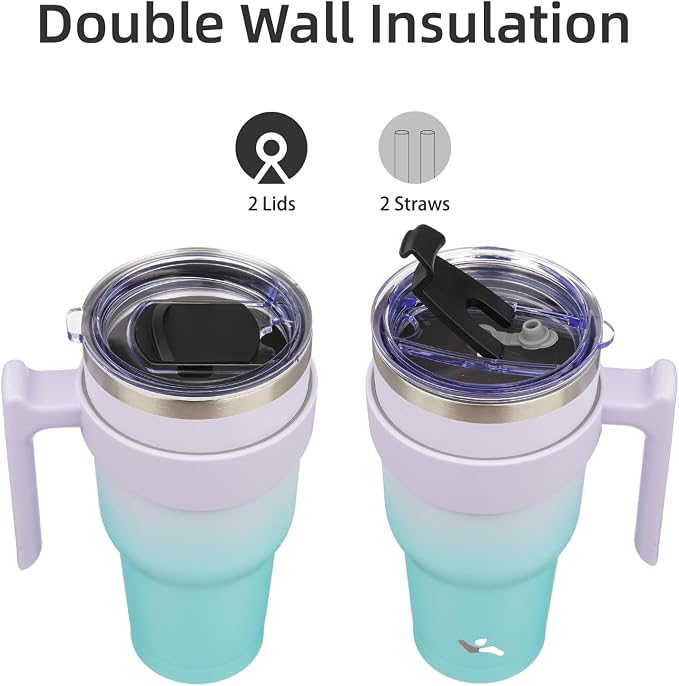 Konokyo 40 oz Tumbler with Handle and Straw, Insulated Travel Mug | Lavender Green; BPA-free, leak-proof tumbler with 2 lids, 2 straws, cup holder fit for coffee, office, travel & daily use