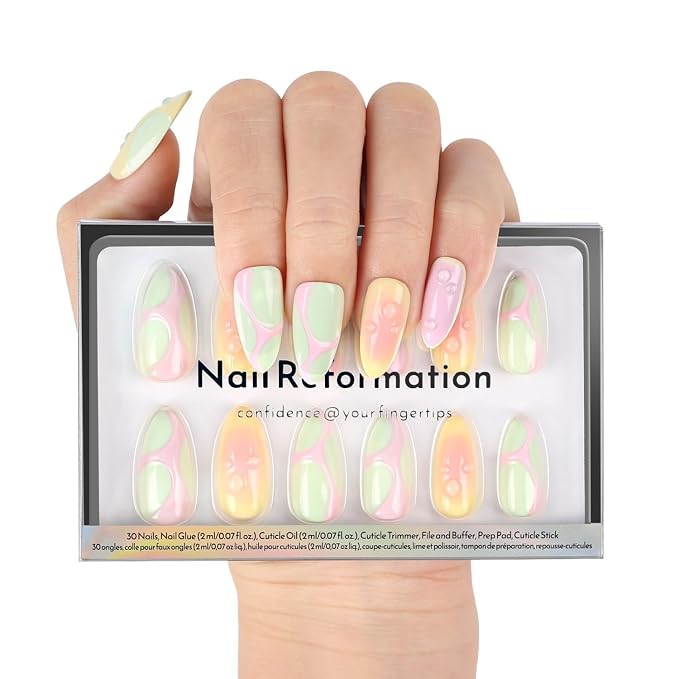 Nail Reformation Press On Nails, Pop Culture | 3D Bubble Medium Almond | 15 Sizes 30 Pcs Fake Nails in Vibrant Colors in Glossy Finish, Salon Quality Reusable Stick On Nail Kit Gifts for Women Gifts