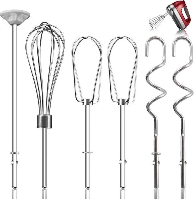Hand Mixer Attachments Beater for Kitchenaid Hand Mixers KHM3 KHM5 KHM7 KHM9, Including Whisk, Mixing Rod and Dough Hook, Stainless Steel Hand Mixer Accessories (Set of 6)