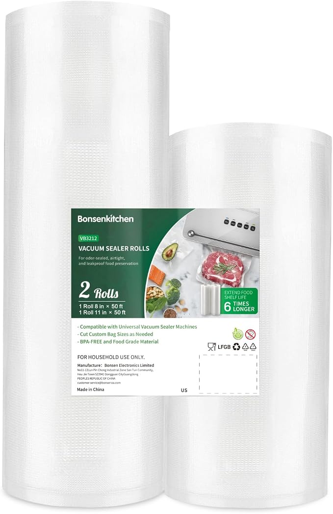 Bonsenkitchen Vacuum Food Sealer Rolls Bags, 8" x 50' & 11" x 50' | Commercial Grade BPA Free food storage vacuum sealer rolls, Customized Size, Removes Air to Keep Food Fresh Longer, VB3212