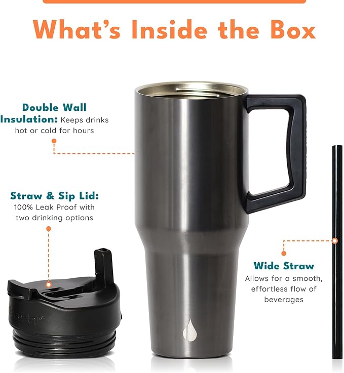 Elemental 100% Leak Proof 32oz Tumbler with Handle & Straw Travel Mug | Stainless Steel Double Wall Insulated Tumbler for Hot and Cold Beverages with Sip & Straw Lid