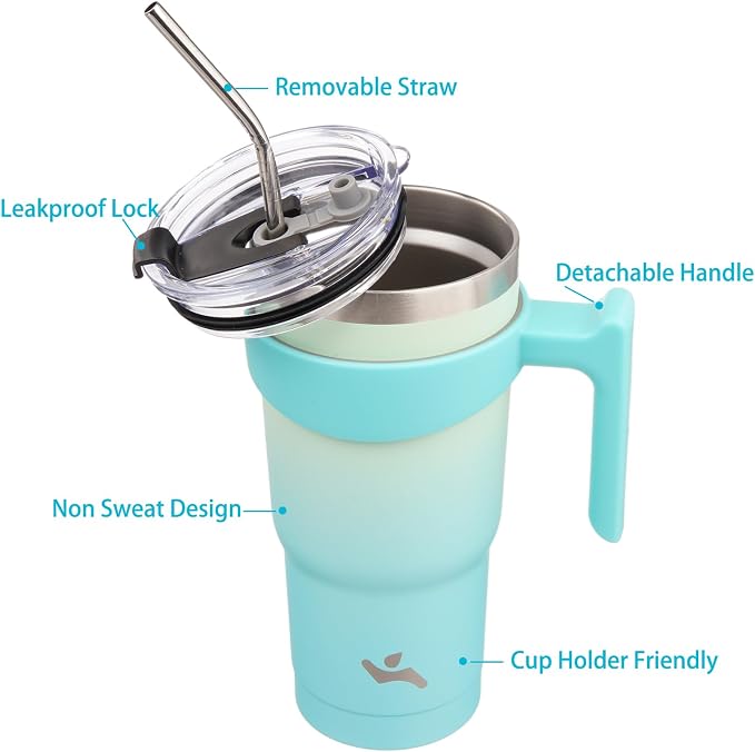 Konokyo 20 oz Tumbler with Handle and Straw, Insulated Travel Mug | Mint; BPA-free, leak-proof tumbler with 2 lids, 2 straws, cup holder fit for coffee, office, travel & daily use