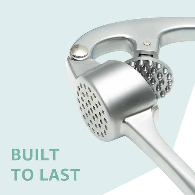 Garlic Press Crusher & Mincer – Easy Squeeze Ergonomic Handle, Heavy Duty Zinc Alloy, Dishwasher Safe, Includes Peeler & Cleaning Brush – Garlic Ginger Crusher Tool (Silver)