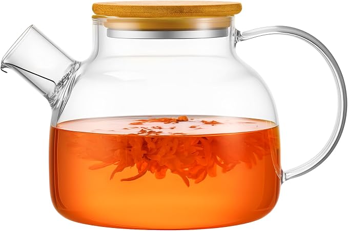 PARACITY Glass Tea Kettle Stovetop, Clear Glass Teapot with Infuser, 34oz | Transparent borosilicate tea maker has removable 18/8 stainless steel infuser and bamboo lid for loose leaf or blooming tea