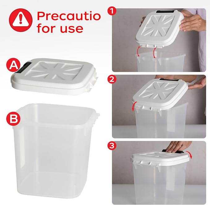 6 lb Airtight Dog Food Storage Container with Scoop, White | Airtight snap-lock lid, clear BPA-free body, and measuring cup keep dry dog or cat food, treats, cereal, and grain organized.