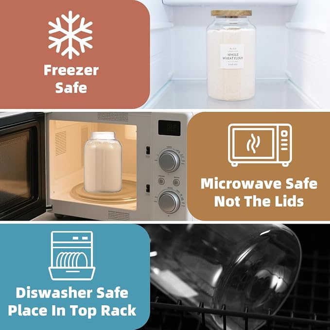 2 Pack Large Glass Flour and Sugar Storage Containers with Airtight Acacia Lids and 132 Kitchen Pantey Labels Preprint - 95 LF OZ Borosilicate Glass Canister Sets for Food,Spaghetti,Cookie,Rice