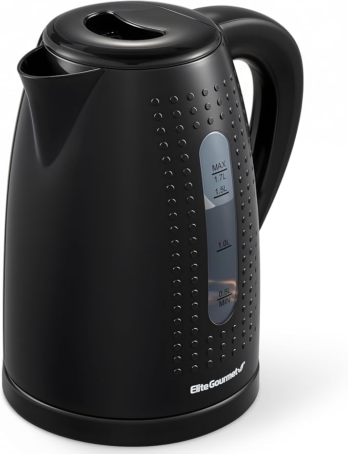 Elite Gourmet EKT5051 1.7L Electric Water Kettle, BPA-Free Fast Boil, Black | Auto Shut-Off, Boil-Dry Protection, 360° Swivel Base Cordless Serving, Clear-View Water Level Window