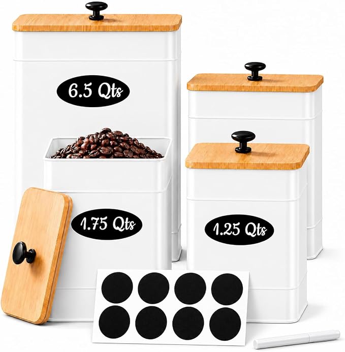 Kitchen Canister Set of 4, White Airtight Metal Flour Sugar Containers | Flat Bamboo Lids, Reusable Labels & Marker, Wide Openings, Coffee Tea Containers, Kitchen Countertop and Pantry Organized