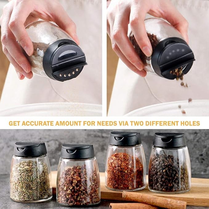 Glass Spice Jars, Double Lids Seasoning Shakers Glass Bottles Spice Shakers Sifter Barbecue Salt & Pepper Shaker Container (4PCS）