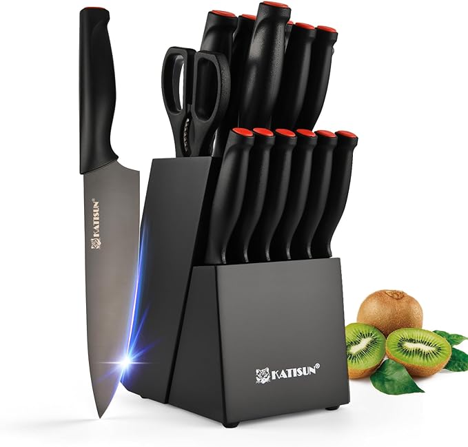 15-Piece Black Titanium German Steel Kitchen Knife Block Set | Beveled Mercerized Blades With Built-In Sharpener. Features Non-Slip Ergonomic Handles & Complete Cutlery Storage
