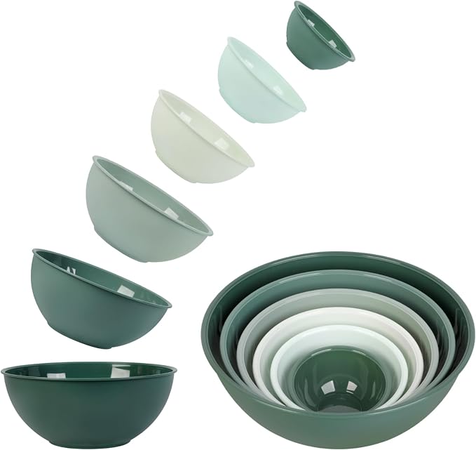BoxedHome BPA Free Plastic Round Mixing Bowl with Lids, 12 Pack Nesting Bowls with Lids Set, Microwave and Dishwasher Safe Prep & Serving Bowls Great for Mixing, Baking, Serving (Green, 12pcs)