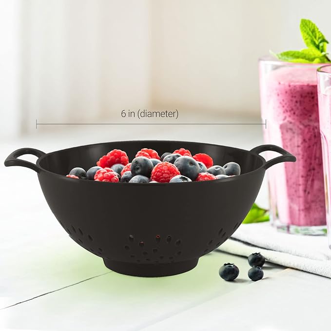 Meadow Lane 6-Inch Small Colander, 3-Cup Food Strainer, Glossy Black | BPA-free, dishwasher-safe mini colander has a wide, shallow bowl, 1/8-inch holes, two handles, ring foot and smooth edges.