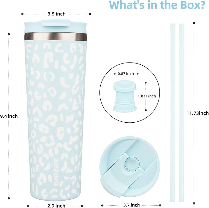 BJPKPK 30 oz Coffee Tumbler with Straw, Insulated Stainless Steel Cup | Double Wall Vacuum, Leak Proof Lid, Keeps Hot/Cold/Iced, BPA Free, Travel & Outdoor, Light Blue Leopard