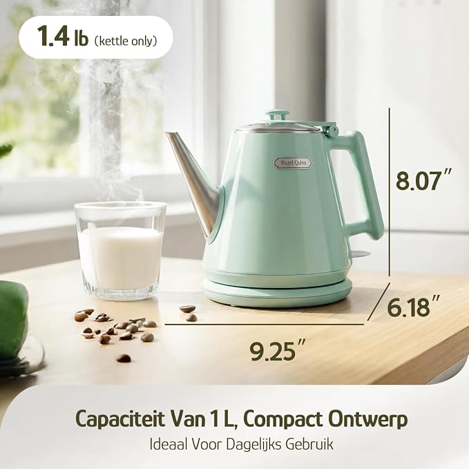 Hazel Quinn Electric Kettle, 1L/34oz Small Tea Kettle - Mint Green | 800W Fast Boil, 304 Stainless Steel Interior, Double-Wall Cool Touch, Gooseneck Spout, Auto Shut-Off, BPA-Free Cordless, Home