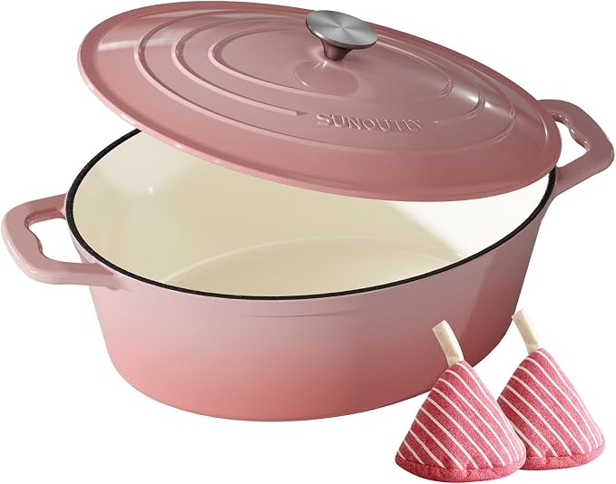 Enameled Cast Iron Dutch Oven - 9.3QT Dutch Oven Pot with Lid & Cotton Potholders - Heavy-Duty Non Stick Casserole Pot for Braising, Stews, Roasting, Baking, Suitable for All Stovetops, Gentle Pink