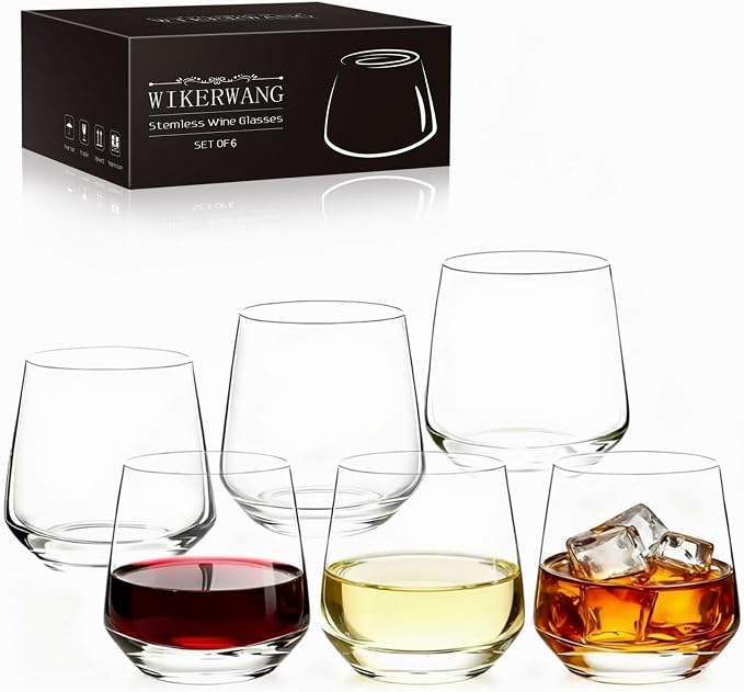 Stemless Wine Glasses Set of 6, 13.5 oz Crystal Clear Wine Glasses for Red & White Wine, Lead-Free Dishwasher Safe Drinking Glasses for Home Bar, Parties and Everyday Use