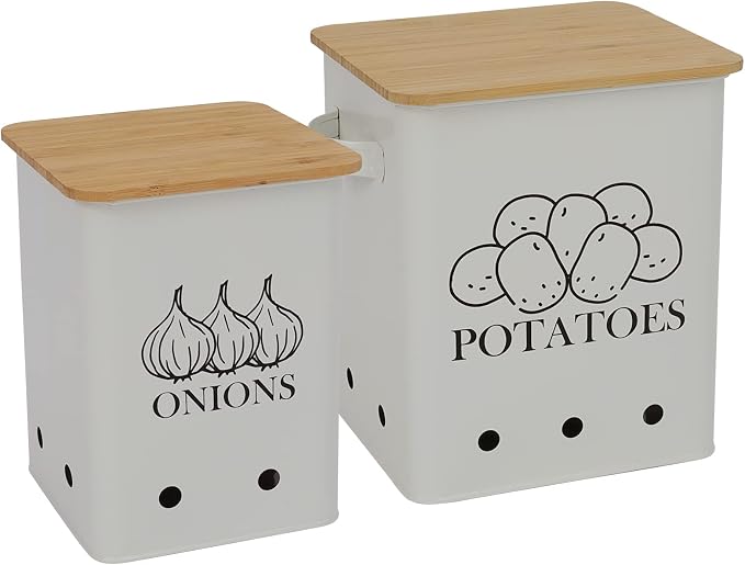 Kitchen Vegetable Storage Tins Set of 2, Onion and Potato Storage Bins with Wooden Lid and Aerating Holes, Garlic Bin Caddy, Vintage Kitchen Decor, White