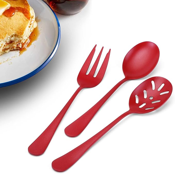 Bysta Serving Utensils Set, Red 5-Piece Hostess Set, Stainless Steel Silverware Flatware Cutlery Serving Set, Dishwasher Safe