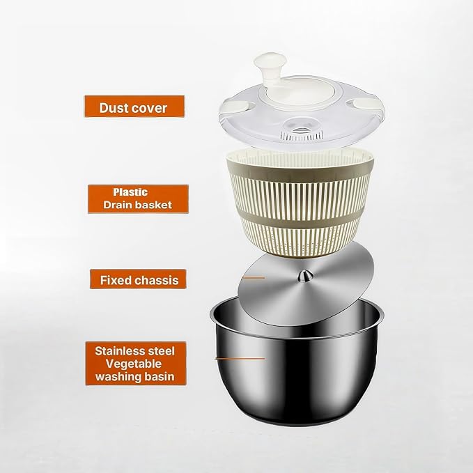 Stainless Steel Salad Spinner, 6L Salad Spinners Large Lettuce Spinner, with Drainage Basket Drainage Outlet Used for Cleaning and Drying Vegetables Food and Fruits Quick Spin Vegetable Fruit Spinner