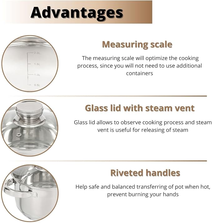 Daniks Standard 7 Quart Stainless Steel Stock Pot with Glass Lid, Tri-Ply Bottom for Even Heating, Induction Compatible, Dishwasher Safe, Built-In Measuring Scale, Silver