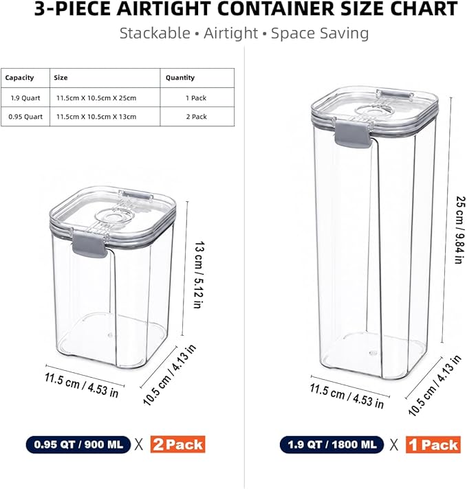 3-Piece Vacuum Seal Food Storage Containers with Pump, Airtight Clear Plastic Canister Set, Stackable Pantry Organizer (1.9 QT, 0.95 QT*2)