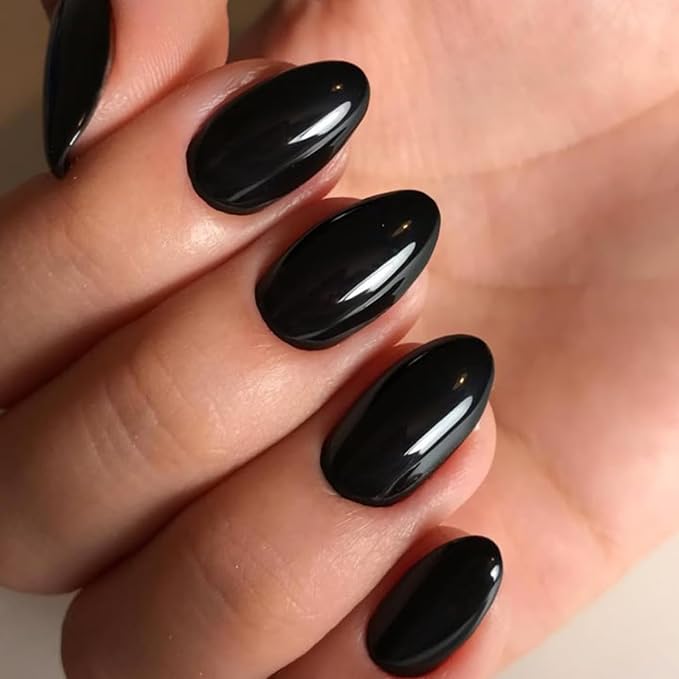 modelones Black Short Press on Nails, Oval Fake Nails Kit Nails Press Ons | with Nail Glue, Adhesive Tabs, Nail File, Prep Pad, Manicure Stick, 32Pcs 16 Sizes, Women Girl Gift