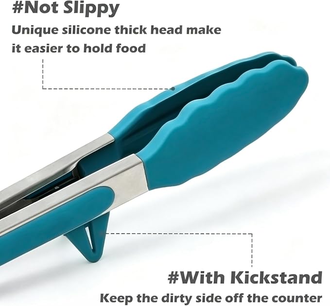 9" Kitchen Tongs for cooking with Silicone Tips, Salad Tongs, Peacock Blue | 3 Pcs Small Silicone Tongs mit Kickstand, Food Grade, 3 different type of tongs, Stainless Steel