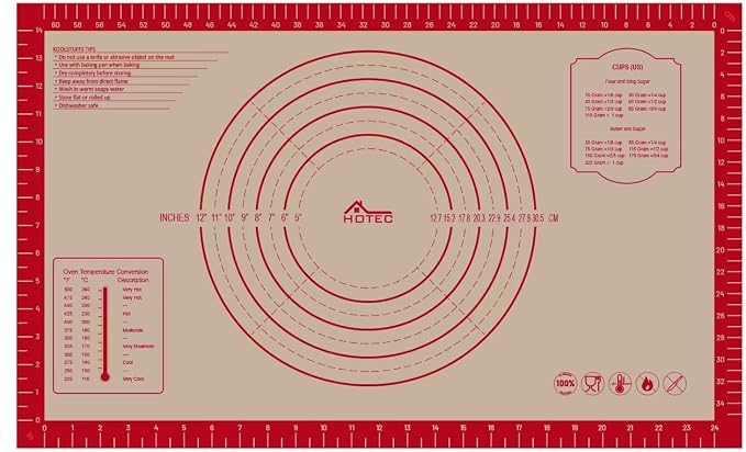 HOTEC Silicone Baking Mat - 26x16 Thickened Pastry Dough Mat with Measurement Non-Stick For Dough Rolling, Bread, Oven Liner, Kitchen Counter, Fondant/Pie Crust
