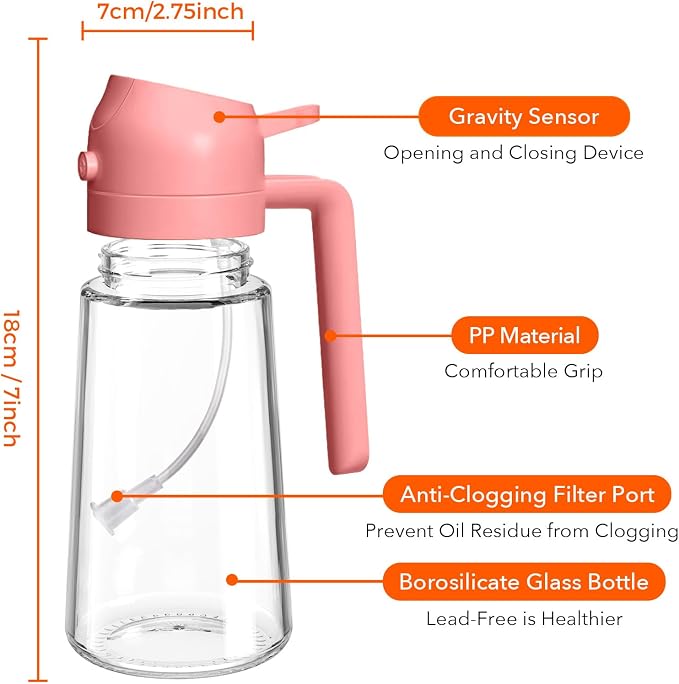 YARRAMATE 16 oz 2-in-1 Glass Olive Oil Sprayer for Cooking, Pink | Food-grade dispenser bottle, 470 ml, spray and pour, portion control, stickers included, for salad, frying and BBQ