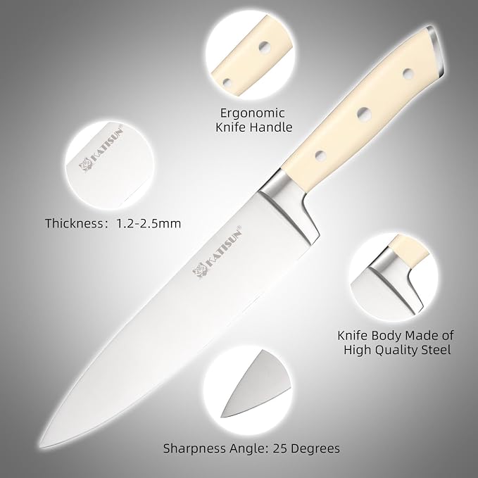 16-Piece Extra-Long Handle German Steel Knife Set with Block | Creamy White Cutlery For Large Hands & Better Leverage. Features Built-In Sharpener, Shears & Modern Base