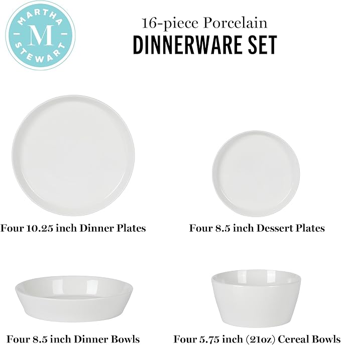 Martha Stewart Selma Chip & Scratch Resistant Dinnerware Set Service for 4 (16pcs) – White Plates and Bowls, Durable Dishwasher and Microwave Safe Dishes Set for Everyday Use