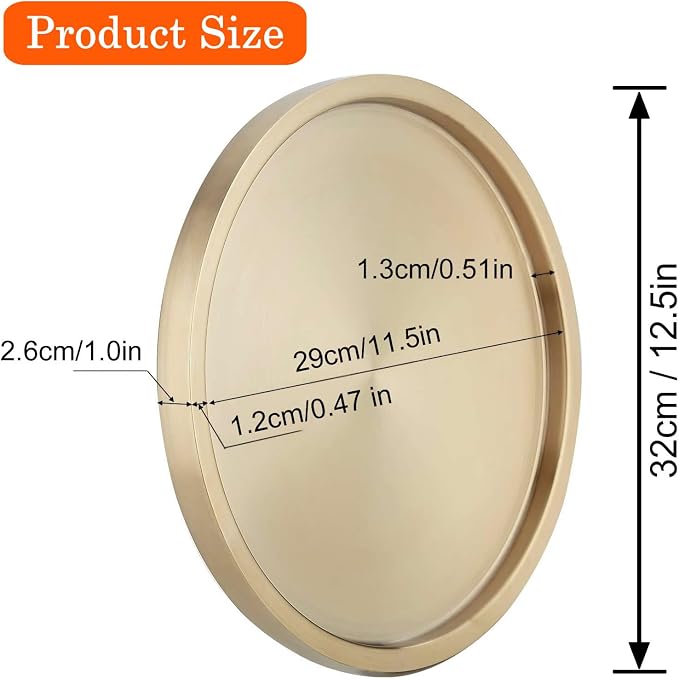 Stainless Steel Round Bar Serving Tray 12.5",Double Wall,Ideal Coffee Table, Decorative,Rotisserie Plate, Tea and Bathroom Serving,Gold