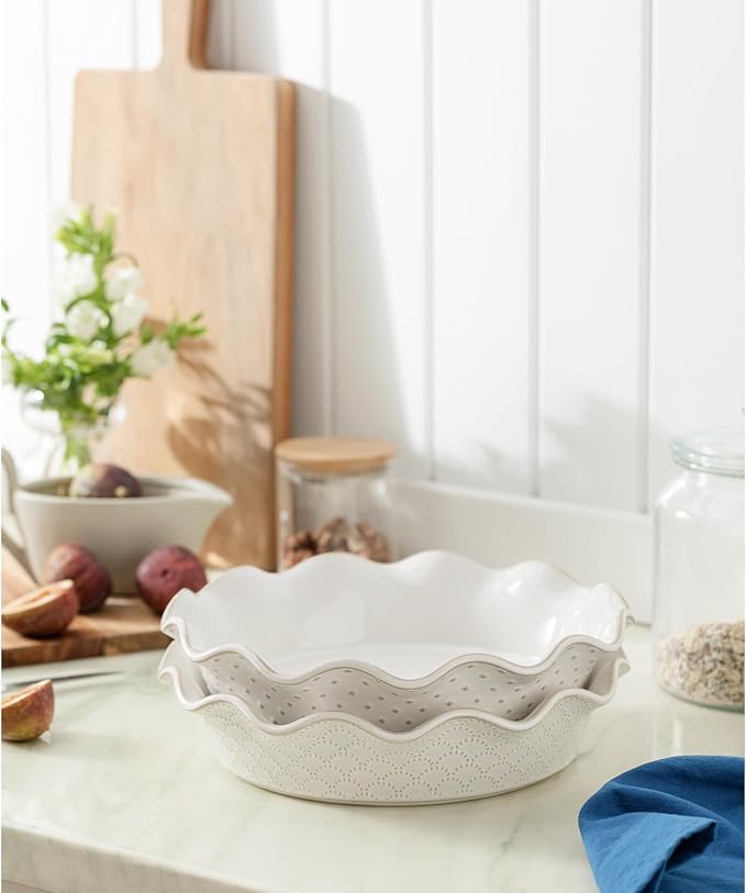 Ceramic Deep Pie Pan for Baking, 11 inch Porcelain Pie Plate for Apple Pie, Oven & Dishwasher Safe, Farmhouse Decor, 48 Ounce Deep Plate for Kitchen, Non-Stick Pie Dish, Embossed Diamond