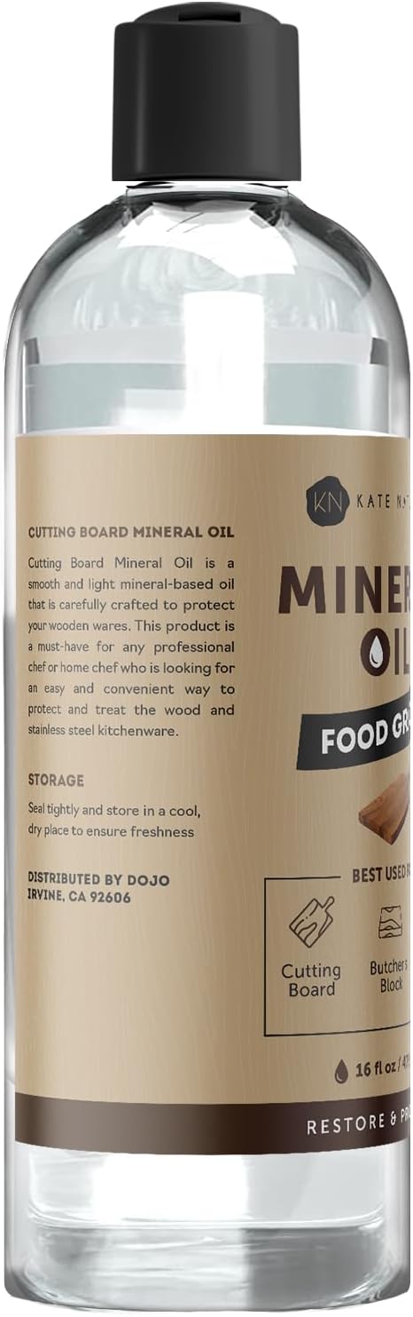Kate Naturals Mineral Oil for Wood Cutting Board, Food Grade, Odorless,16oz | Food Safe Mineral Oil to Protect Wooden Cutting Board, Butcher Block, Utensils, Bamboo Boards, Stainless Steel Knife