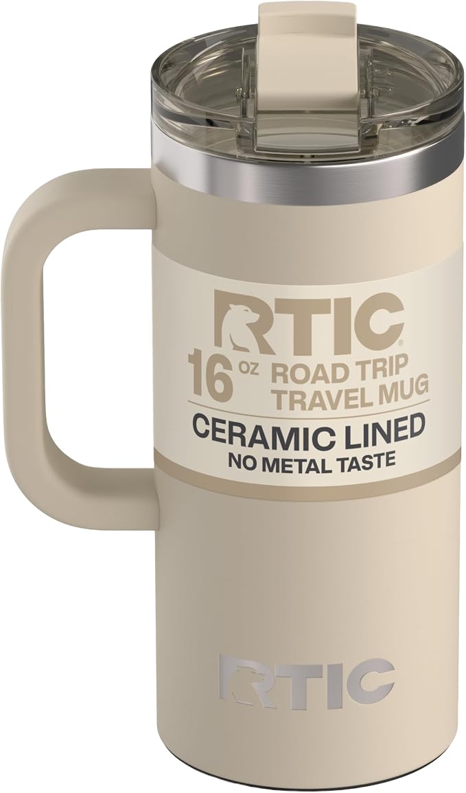 RTIC 16oz Road Trip Travel Mug with Lid and Handle, Ceramic Lined, Beach | Stainless Steel Metal, Insulated Travel Cup for Hot and Cold Drinks, Coffee, Car, Camping and Travel