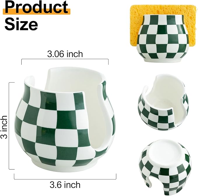Zoeeker Kitchen Sponge Holder for Sink, Ceramic Checkered Sponge Organizer | Scrubby Caddy Dish Brush Holder Kitchen Storage Accessories for Countertop, Bathroom, Sink, Kitchen Decor, Green and White