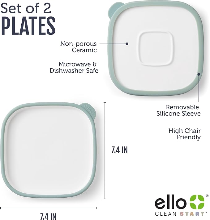 Ello Clean Start Ceramic Toddler Plates with Sleeves, 2 Pack, Dewdrop/Grayed Jade