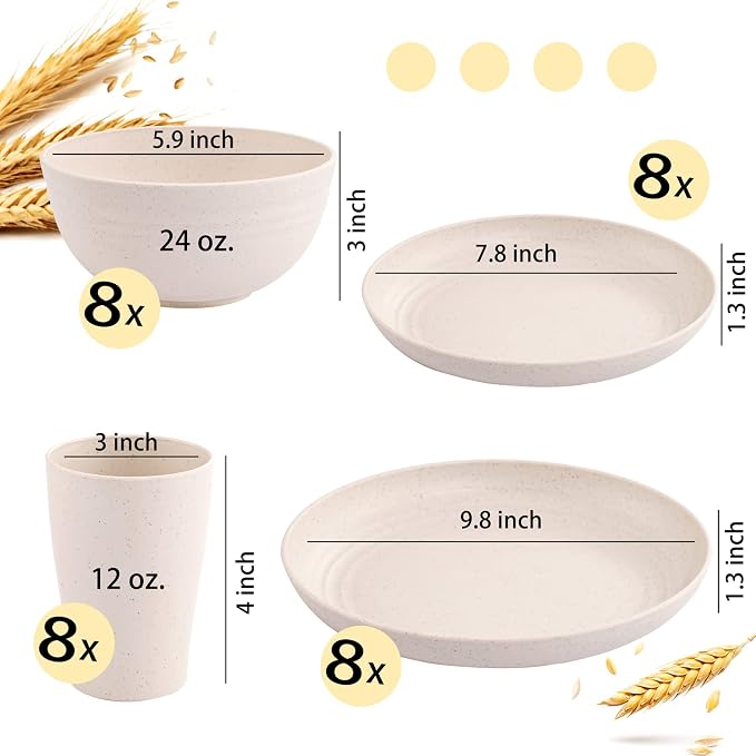 32Pcs Beige Wheat Straw Dinnerware Set Service For 8 Shatterproof | Elegant Cream Wheat Straw Plastic Dinnerware Set Includes Shatterproof Plates And Bowls For Rv Camping And College Dorm Use