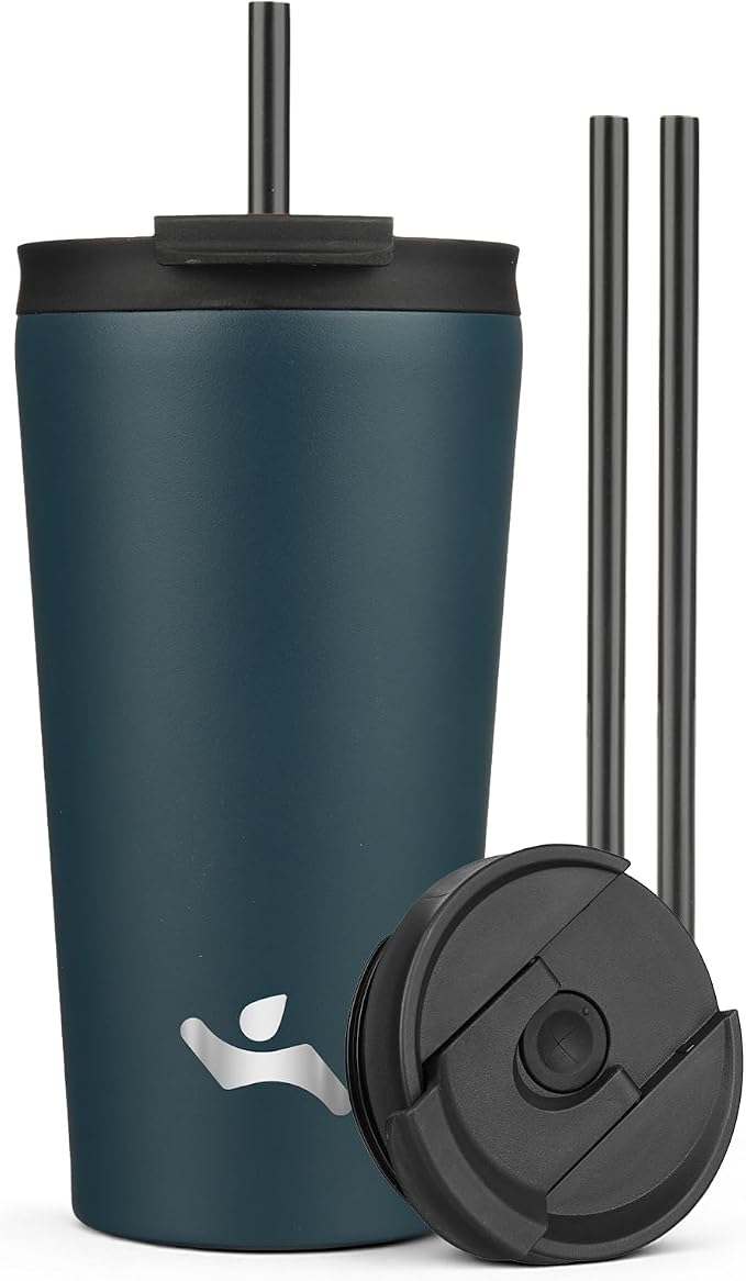 Konokyo 18 oz Insulated Tumbler Water Bottle with Straw Lid, Navy blue | Stainless steel insulated tumbler for coffee, water and iced drinks; spill-proof lid, 2 straws, cup-holder friendly
