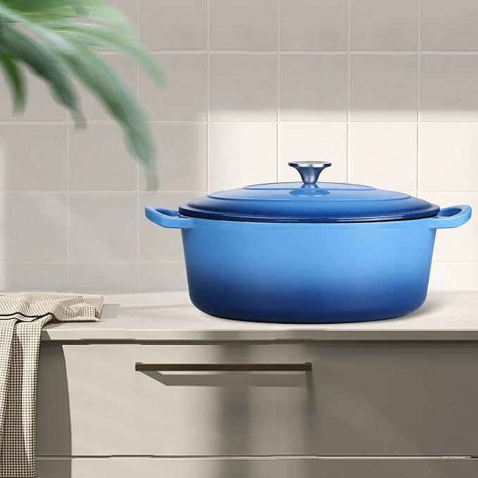 7 Quart Oval Dutch Oven with Lid, Leonyo 7QT Enameled Oval Cast Iron Dutch Oven for Sourdough Bread Breaking, Heavy Duty Cookware for Braising, Stews, Roasting, Blue