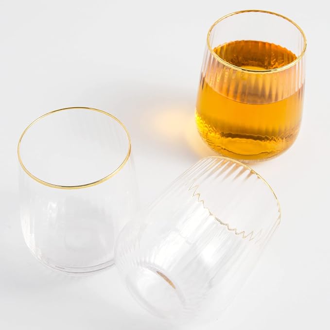Lysenn Stemless Wine Glasses Set of 4, for Red & White Wine, Gold Rim, 15oz | Hand Blown, Premium Quality, for Dinner Table, Celebration, Holiday Entertaining, Bar Carts and Home Bars, Ideal Wedding Gift