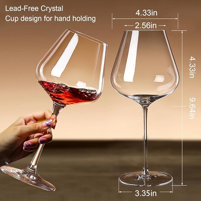 Red Wine Glasses Set of 4, 24.8oz Large Burgundy Glasses, Long Stem | Hand Blown Lead-Free Premium Crystal Glass, Thin Rim, Tall, Ideal Gift Package for Wedding, Anniversary, Birthday, Christmas