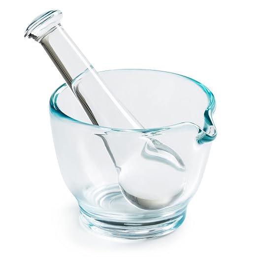 Mortar and Pestle Set, Glass Medicine Grinder, 4oz | Nonporous glass bowl, pour spout, heavy base and comfort grip for powders, seeds or herbs