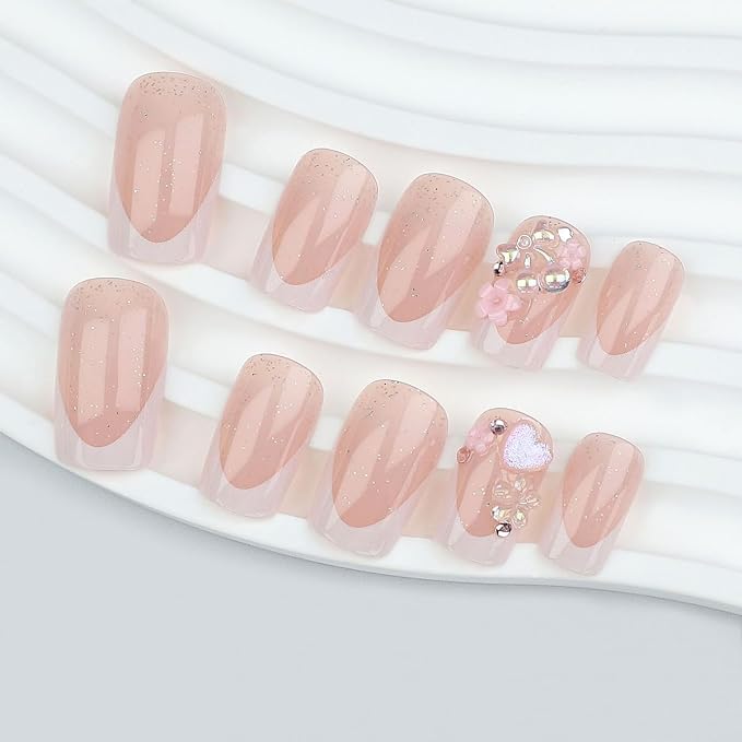 WLGDLH White French Tip Press on Nails Medium Square Fake Nails Press ons Nail Tips Kit with 3D Heart Flowers Design Nude Glossy False Nails Full Cover Glitter Glue on Nail for Women 24Pcs