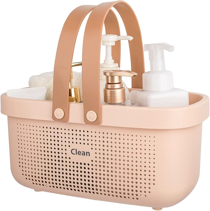 JiatuA Plastic Storage Basket with Handle Portable Shower Caddy Tote Organizer Basket Bin for Bathroom Kitchen Dorm Room Bedroom, Pink | Sturdy Drainage Large Capacity Organizer Basket with Silicone Handles for Bathroom Kitchen Bedroom College Dorm Ess...
