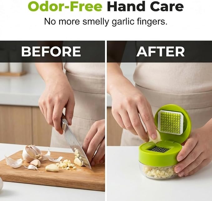 Manual Garlic Masher, Stainless Steel Blade Garlic Mincer Crusher with Peeler and Cleaning Brush, Hand-Press Garlic Chopper Grater for Ginger, Nut, Herb (3PCS)